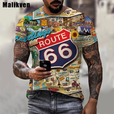 Горещо продавано лятно мъжко облекло Мъжка огромна тениска с къс ръкав Мъжка класическа ретро тениска с къс ръкав с 3d печат Route 66 T Shirt