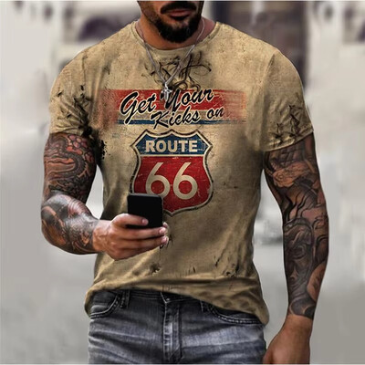 Горещо продавано лятно мъжко облекло Мъжка огромна тениска с къс ръкав Мъжка класическа ретро тениска с къс ръкав с 3d печат Route 66 T Shirt