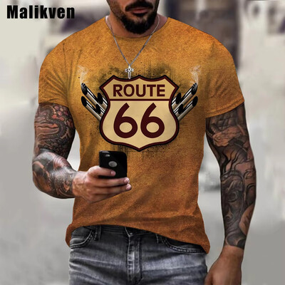 Горещо продавано лятно мъжко облекло Мъжка огромна тениска с къс ръкав Мъжка класическа ретро тениска с къс ръкав с 3d печат Route 66 T Shirt