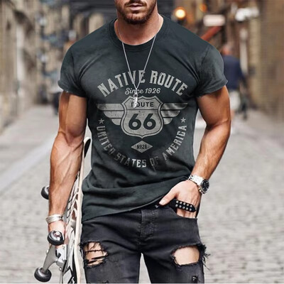 Горещо продавано лятно мъжко облекло Мъжка огромна тениска с къс ръкав Мъжка класическа ретро тениска с къс ръкав с 3d печат Route 66 T Shirt