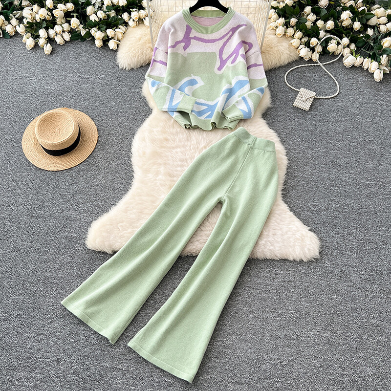 Naiste soe sügisene kaheosaline komplekt O-kaelusega pikkade varrukatega kampsun, kõrge vöökohaga laia säärega püksid Koo vabaaja šikk žakaarkostüüm