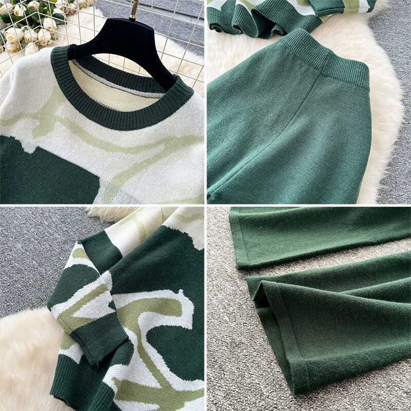 Naiste soe sügisene kaheosaline komplekt O-kaelusega pikkade varrukatega kampsun, kõrge vöökohaga laia säärega püksid Koo vabaaja šikk žakaarkostüüm