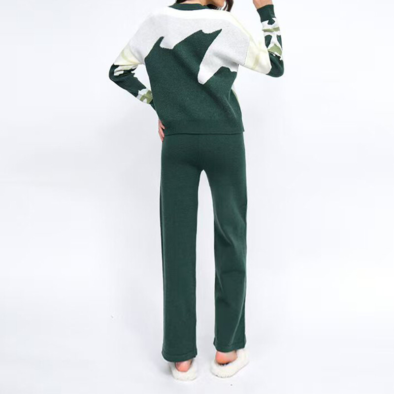 Naiste soe sügisene kaheosaline komplekt O-kaelusega pikkade varrukatega kampsun, kõrge vöökohaga laia säärega püksid Koo vabaaja šikk žakaarkostüüm