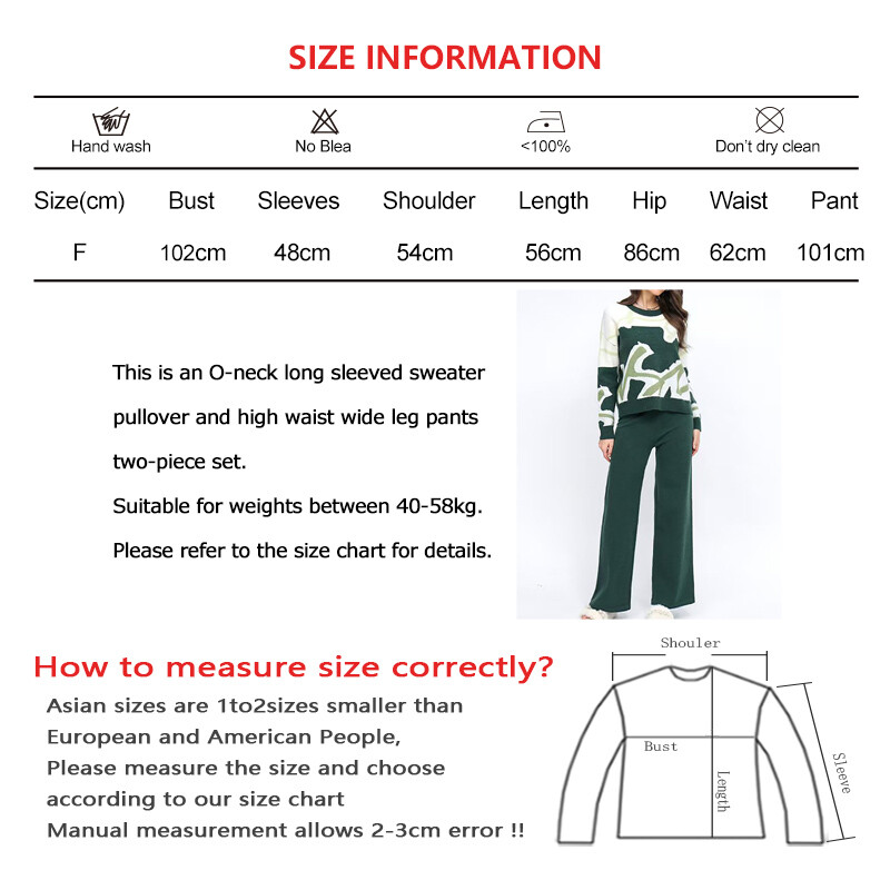 Naiste soe sügisene kaheosaline komplekt O-kaelusega pikkade varrukatega kampsun, kõrge vöökohaga laia säärega püksid Koo vabaaja šikk žakaarkostüüm
