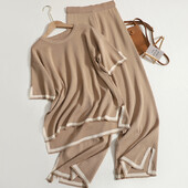 Costum pentru dama de birou Pulover tricotat Seturi elegante din 2 piese pentru femei Pulover cu mânecă scurtă cu despicare laterală Top Seturi de pantaloni cu talie înaltă coreeană