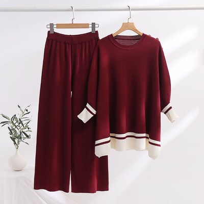 Set două piese pentru femei Pulover din tricot cu mânecă întreagă Pulovere cu gât rotund, largi, uni, pantaloni largi, cu talie elastică, ocazional
