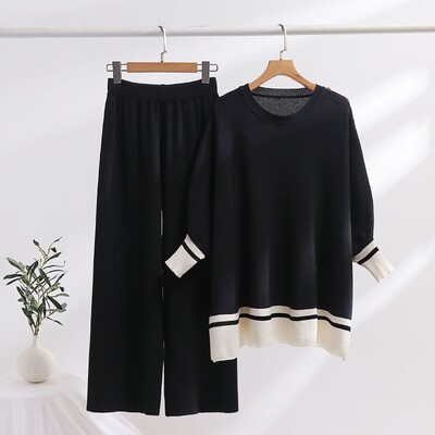 Set două piese pentru femei Pulover din tricot cu mânecă întreagă Pulovere cu gât rotund, largi, uni, pantaloni largi, cu talie elastică, ocazional