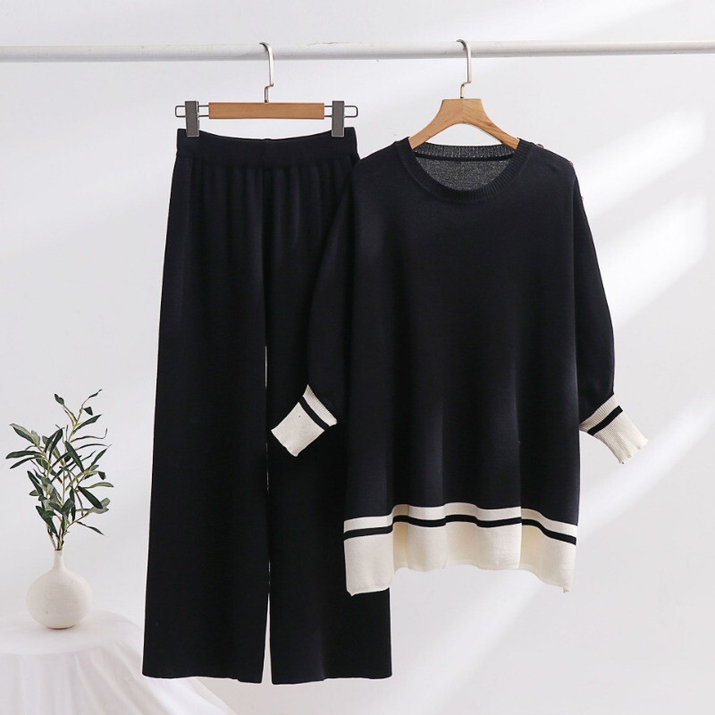 Set două piese pentru femei Pulover din tricot cu mânecă întreagă Pulovere cu gât rotund, largi, uni, pantaloni largi, cu talie elastică, ocazional