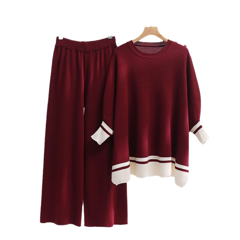 Set două piese pentru femei Pulover din tricot cu mânecă întreagă Pulovere cu gât rotund, largi, uni, pantaloni largi, cu talie elastică, ocazional