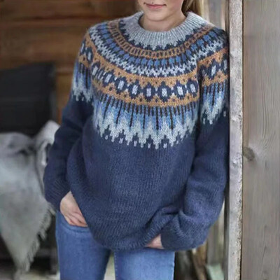 Moodne Jacquard Print Patchwork Pullover Tops 2024 Naiste Elegantne O-kaelusega kootud kampsun Kausaalne pikkade varrukatega lahtised paksud džemprid