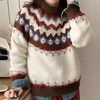 Modes žakarda drukas džemperi ar džemperiem, 2024. gada eleganti trikotāžas džemperis ar O veida kakla izgriezumu, garām piedurknēm, brīvi, biezi džemperi