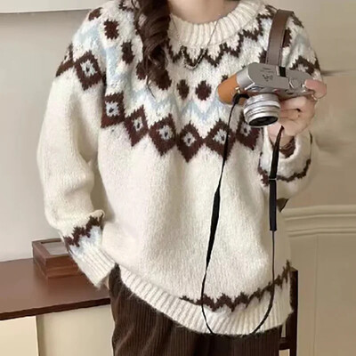 Modes žakarda drukas džemperi ar džemperiem, 2024. gada eleganti trikotāžas džemperis ar O veida kakla izgriezumu, garām piedurknēm, brīvi, biezi džemperi