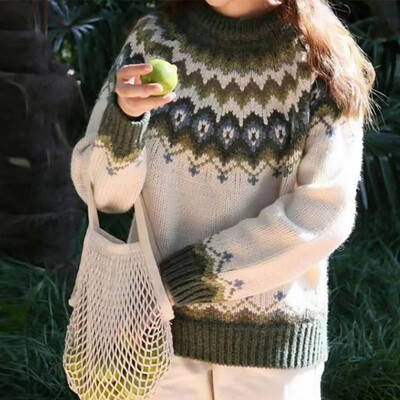 Modes žakarda drukas džemperi ar džemperiem, 2024. gada eleganti trikotāžas džemperis ar O veida kakla izgriezumu, garām piedurknēm, brīvi, biezi džemperi