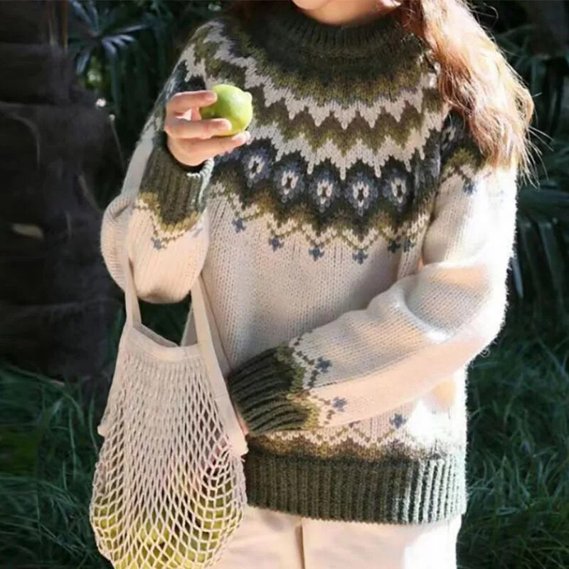 Modes žakarda drukas džemperi ar džemperiem, 2024. gada eleganti trikotāžas džemperis ar O veida kakla izgriezumu, garām piedurknēm, brīvi, biezi džemperi