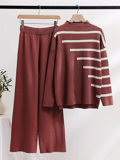 Brīvi trikotāžas izstrādājumi ar 2 daļām Sieviešu svītrainām garām piedurknēm trikotāžas puloveri Conjuntos korejiešu bikses ar platu vidukli sporta tērps