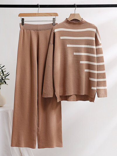 Brīvi trikotāžas izstrādājumi ar 2 daļām Sieviešu svītrainām garām piedurknēm trikotāžas puloveri Conjuntos korejiešu bikses ar platu vidukli sporta tērps