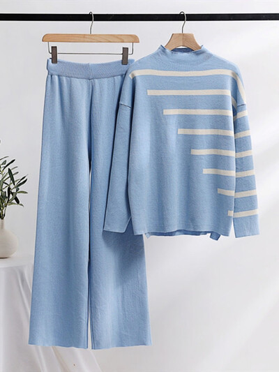 Brīvi trikotāžas izstrādājumi ar 2 daļām Sieviešu svītrainām garām piedurknēm trikotāžas puloveri Conjuntos korejiešu bikses ar platu vidukli sporta tērps