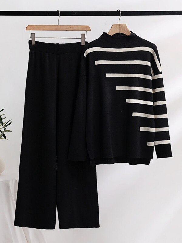 Brīvi trikotāžas izstrādājumi ar 2 daļām Sieviešu svītrainām garām piedurknēm trikotāžas puloveri Conjuntos korejiešu bikses ar platu vidukli sporta tērps