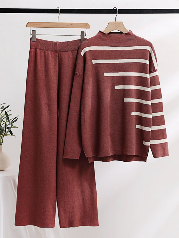 Brīvi trikotāžas izstrādājumi ar 2 daļām Sieviešu svītrainām garām piedurknēm trikotāžas puloveri Conjuntos korejiešu bikses ar platu vidukli sporta tērps