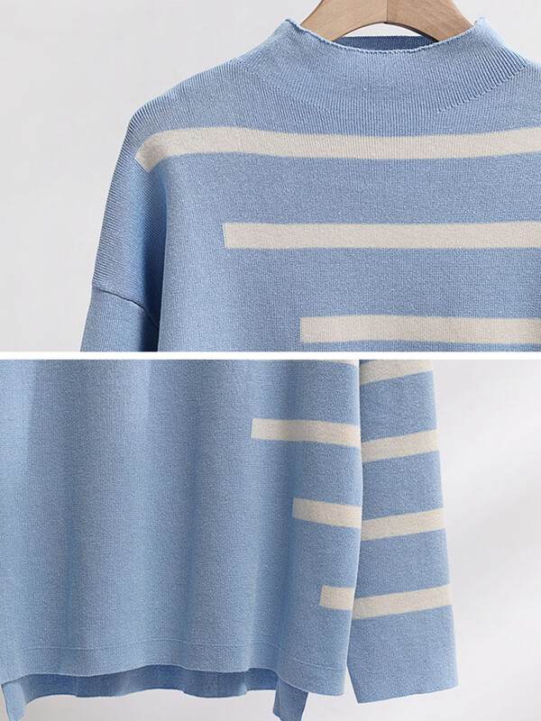 Brīvi trikotāžas izstrādājumi ar 2 daļām Sieviešu svītrainām garām piedurknēm trikotāžas puloveri Conjuntos korejiešu bikses ar platu vidukli sporta tērps