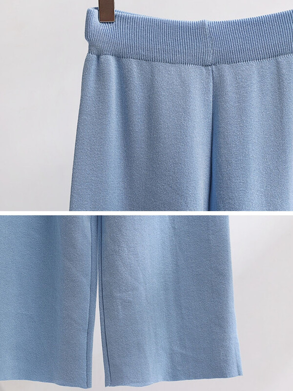 Brīvi trikotāžas izstrādājumi ar 2 daļām Sieviešu svītrainām garām piedurknēm trikotāžas puloveri Conjuntos korejiešu bikses ar platu vidukli sporta tērps