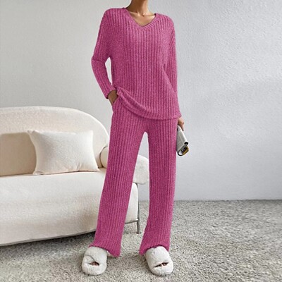 Trikotāžas sieviešu divdaļīgs pidžamas komplekts rudens un ziemas jauns modes krekls ar V kakla izgriezumu un platas bikses divdaļīgs ziemas trikotāžas komplekts