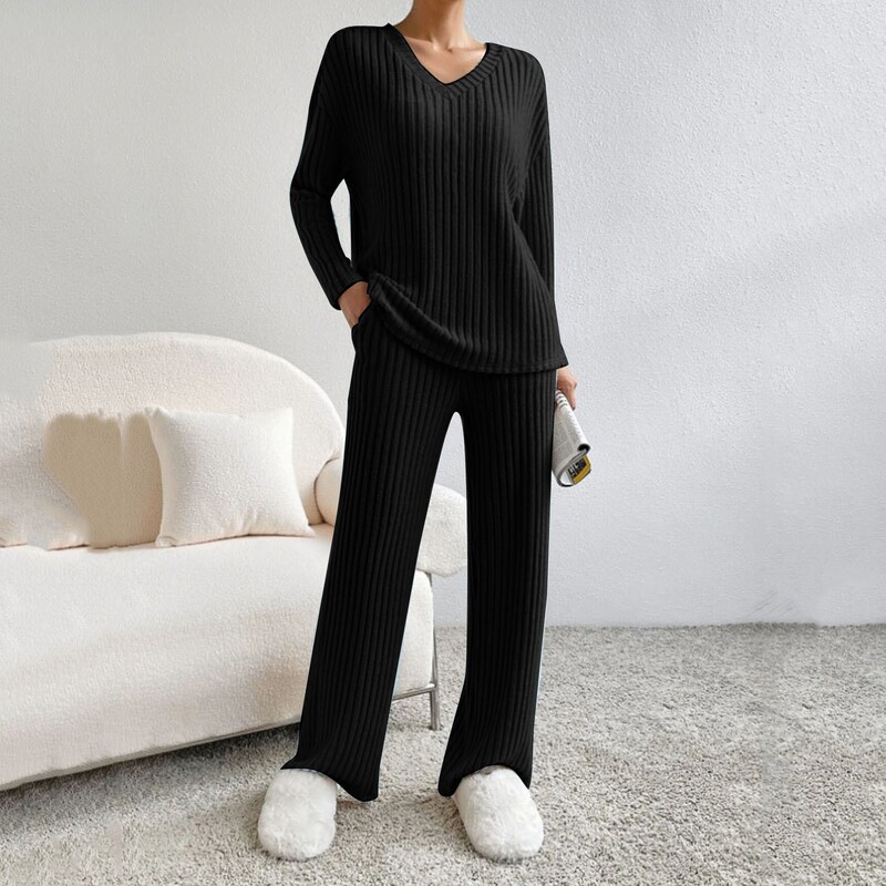 Trikotāžas sieviešu divdaļīgs pidžamas komplekts rudens un ziemas jauns modes krekls ar V kakla izgriezumu un platas bikses divdaļīgs ziemas trikotāžas komplekts