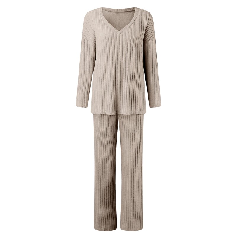 Trikotāžas sieviešu divdaļīgs pidžamas komplekts rudens un ziemas jauns modes krekls ar V kakla izgriezumu un platas bikses divdaļīgs ziemas trikotāžas komplekts