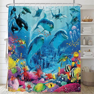 Perdele de duș cu delfin, 1 bucată, țesătură din poliester biologic, oceanul albastru, pentru copii, cu tematică oceanică, decorare baie, perdele de duș