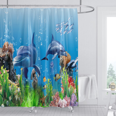 Perdele de duș cu delfin, 1 bucată, țesătură din poliester biologic, oceanul albastru, pentru copii, cu tematică oceanică, decorare baie, perdele de duș
