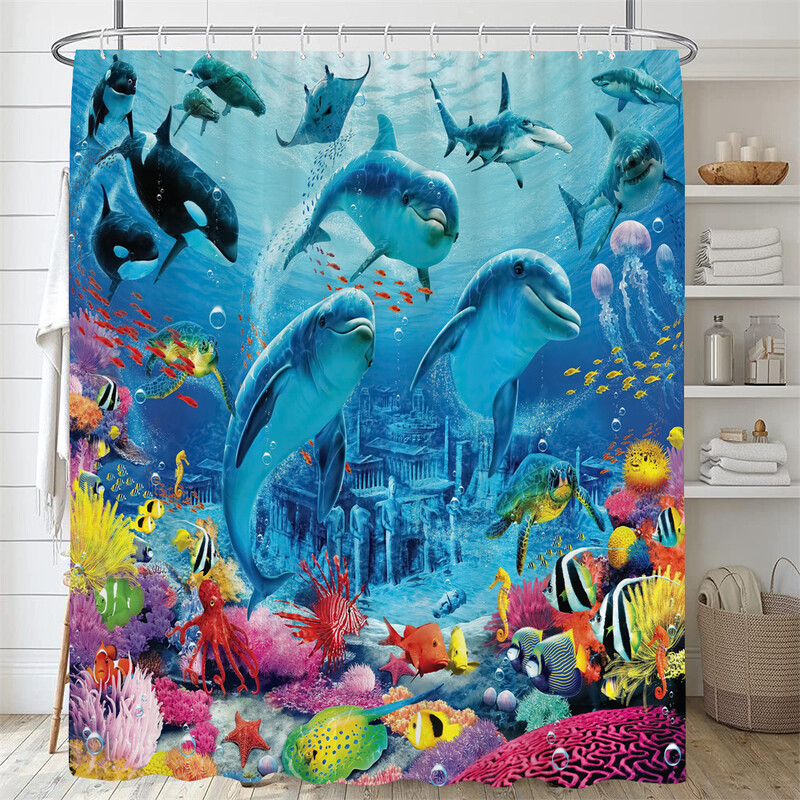 Perdele de duș cu delfin, 1 bucată, țesătură din poliester biologic, oceanul albastru, pentru copii, cu tematică oceanică, decorare baie, perdele de duș