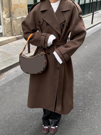 Jachetă de trenci cu guler răsturnat pentru femei, solidă, cu dantelă, jachete de modă ocazionale, 2024, toamnă iarnă, paltoane pentru femei