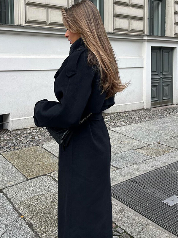 Jachetă de trenci cu guler răsturnat pentru femei, solidă, cu dantelă, jachete de modă ocazionale, 2024, toamnă iarnă, paltoane pentru femei