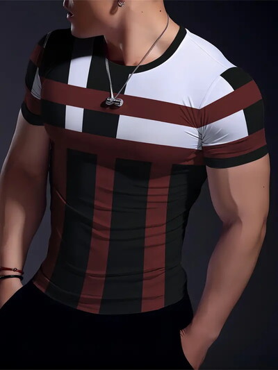 Ikdienas vingrinājums Fitness elpojošs apaļš kakla izgriezums ar īsām piedurknēm āra ikdienas modes vīriešu T-krekls, vienkāršs rūtains ar apdruku ar īsām piedurknēm