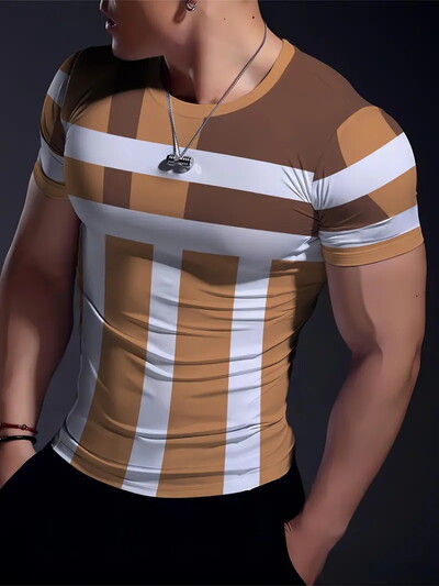 Ikdienas vingrinājums Fitness elpojošs apaļš kakla izgriezums ar īsām piedurknēm āra ikdienas modes vīriešu T-krekls, vienkāršs rūtains ar apdruku ar īsām piedurknēm