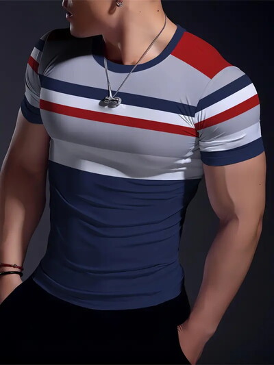 Ikdienas vingrinājums Fitness elpojošs apaļš kakla izgriezums ar īsām piedurknēm āra ikdienas modes vīriešu T-krekls, vienkāršs rūtains ar apdruku ar īsām piedurknēm