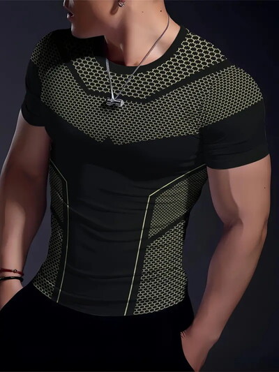 Ikdienas vingrinājums Fitness elpojošs apaļš kakla izgriezums ar īsām piedurknēm āra ikdienas modes vīriešu T-krekls, vienkāršs rūtains ar apdruku ar īsām piedurknēm