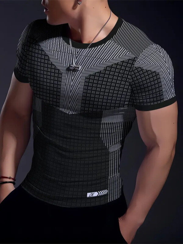 Ikdienas vingrinājums Fitness elpojošs apaļš kakla izgriezums ar īsām piedurknēm āra ikdienas modes vīriešu T-krekls, vienkāršs rūtains ar apdruku ar īsām piedurknēm