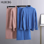 Есен Зима Дамски пуловери от 2 части Комплекти с панталони Извънгабаритни дамски пуловери с кабелна топка Топли спортни плетени панталони Анцузи