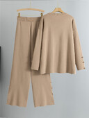 Seturi de 2 piese tricotate largi, tricotate, pentru femei, cu gâtul în formă de O, tricotaje, pulover, pulover, topuri, ansamblu, coreeană, talie înaltă, pantaloni largi, ținută