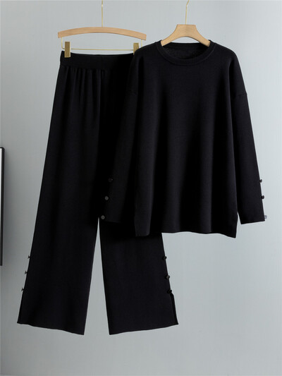 Seturi de 2 piese tricotate largi, tricotate, pentru femei, cu gâtul în formă de O, tricotaje, pulover, pulover, topuri, ansamblu, coreeană, talie înaltă, pantaloni largi, ținută