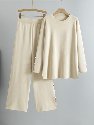 Seturi de 2 piese tricotate largi, tricotate, pentru femei, cu gâtul în formă de O, tricotaje, pulover, pulover, topuri, ansamblu, coreeană, talie înaltă, pantaloni largi, ținută