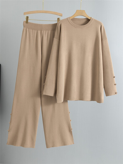 Seturi de 2 piese tricotate largi, tricotate, pentru femei, cu gâtul în formă de O, tricotaje, pulover, pulover, topuri, ansamblu, coreeană, talie înaltă, pantaloni largi, ținută