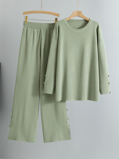 Seturi de 2 piese tricotate largi, tricotate, pentru femei, cu gâtul în formă de O, tricotaje, pulover, pulover, topuri, ansamblu, coreeană, talie înaltă, pantaloni largi, ținută