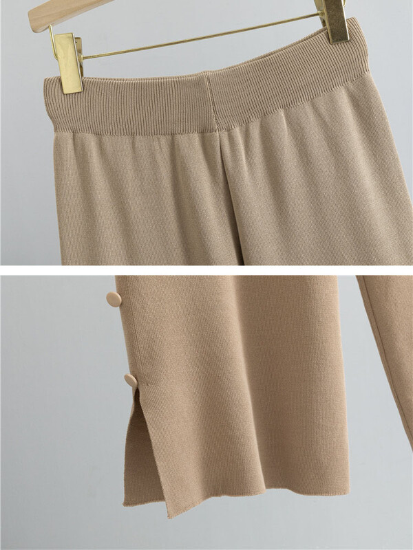 Seturi de 2 piese tricotate largi, tricotate, pentru femei, cu gâtul în formă de O, tricotaje, pulover, pulover, topuri, ansamblu, coreeană, talie înaltă, pantaloni largi, ținută