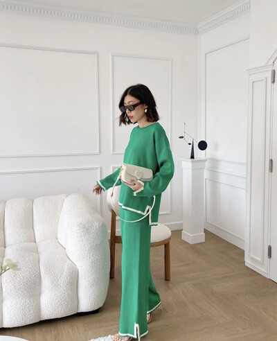 Stiilne elastne kootud salongikomplekt Euro Designer naiste pidžaama kampsun dressid laia säärega püksid mugavad ülikonnad 2 osa komplektid püksid