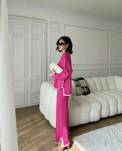 Stiilne elastne kootud salongikomplekt Euro Designer naiste pidžaama kampsun dressid laia säärega püksid mugavad ülikonnad 2 osa komplektid püksid