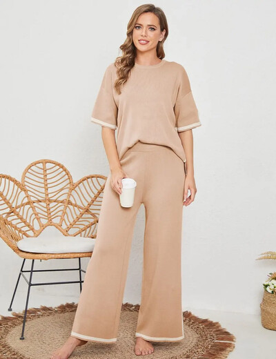 Stiilne elastne kootud salongikomplekt Euro Designer naiste pidžaama kampsun dressid laia säärega püksid mugavad ülikonnad 2 osa komplektid püksid