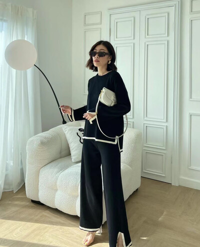 Moodsad värvitoonid kootud pükste komplektid naiste lahtised pikkade varrukatega kudumine kampsun lõhikuga laia säärega püksid kaheosaline komplekt naistele