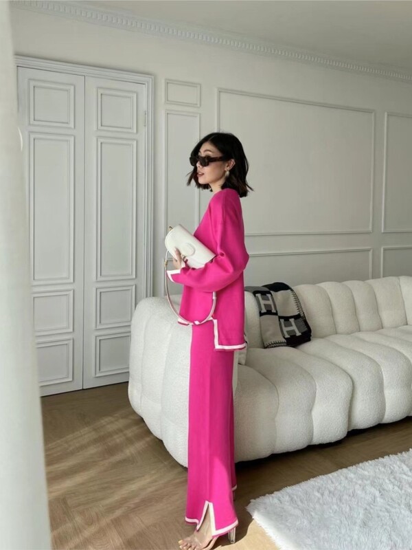 Moodsad värvitoonid kootud pükste komplektid naiste lahtised pikkade varrukatega kudumine kampsun lõhikuga laia säärega püksid kaheosaline komplekt naistele